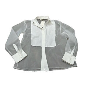 NWT Commense Womens Sheer Button Down Shirt Long‎ Sleeve Collared White Size S